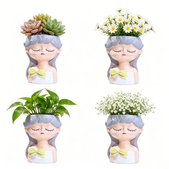 Cute Girl Face Planter, Resin Girl Head Planter, Decorative Small Plant Pot for Succulents Cactus Desk Balcony Decor