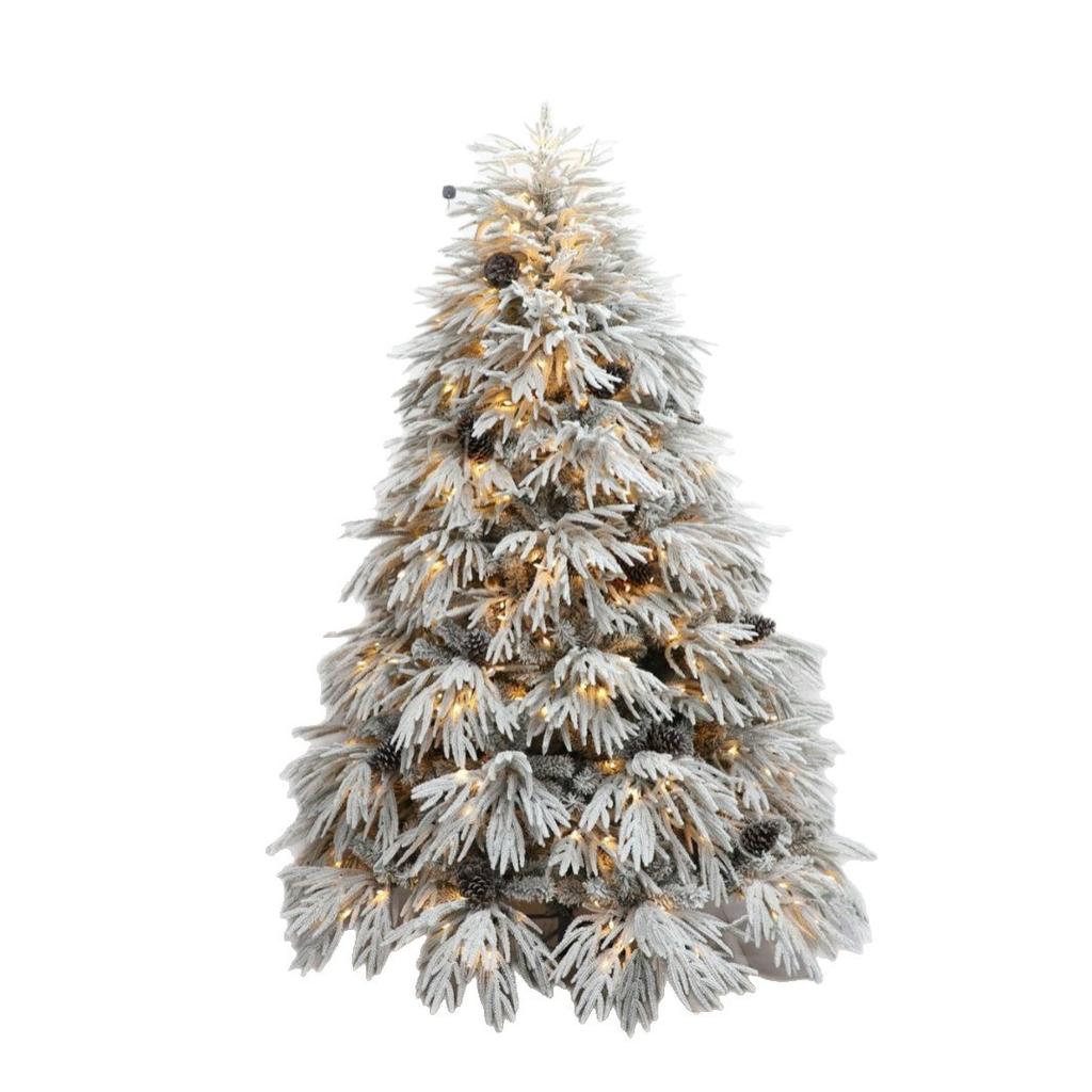 2026 New Pre-Lit White Flocked Willow Christmas Tree with Pine Cones, PE Artificial Xmas Tree for Home & Commercial Holiday Decor