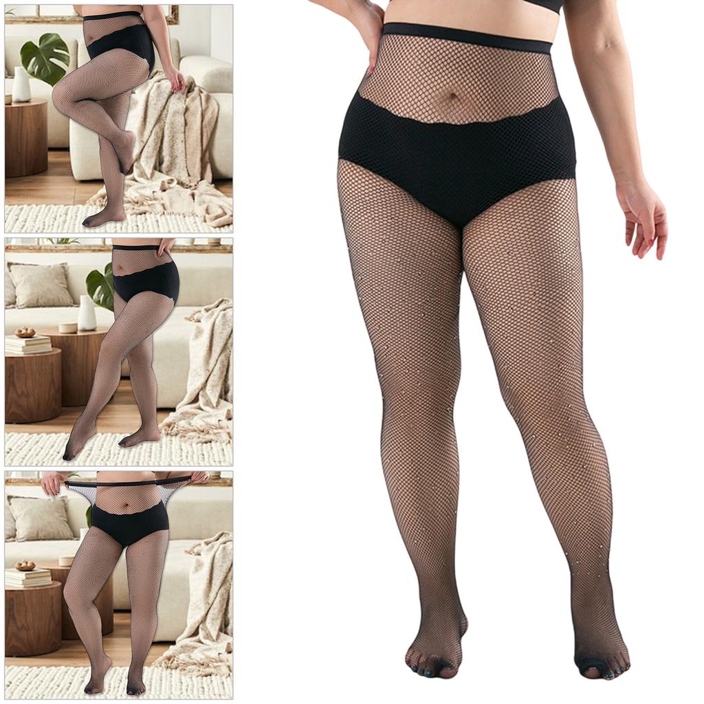 Women's Crystal Studded Mesh Stockings Large Size Breathable Nylon Fabric Fishnet Tights Rhinestones Pantyhose Stockings
