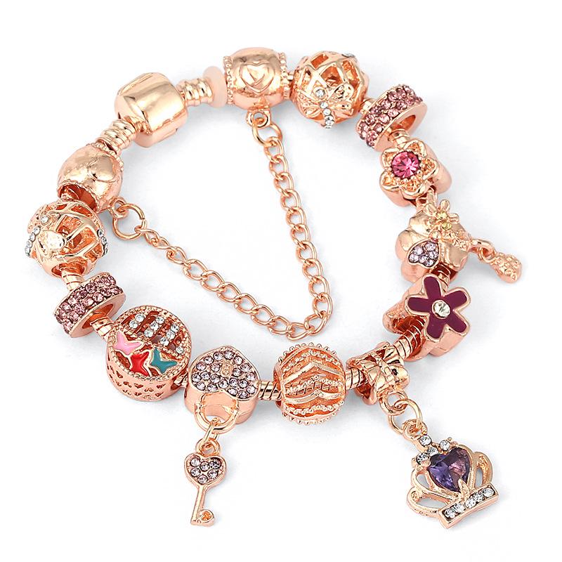 Pan's Rose Gold European Style Princess Crown Heart Pendant Bracelet for Women - DIY Customizable Series.