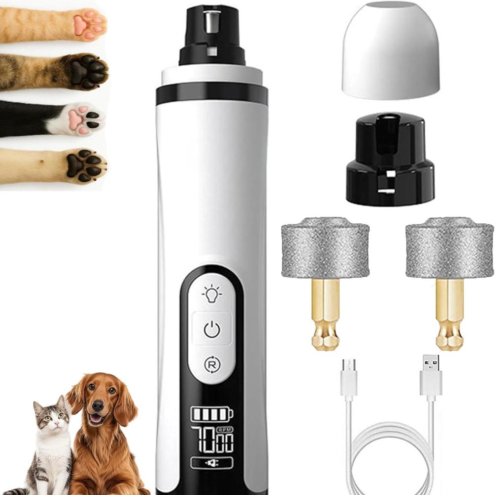 Nail Grinder, 2025 Upgraded Silent Nail Grinder for Dog Cat with LED Light & 3 Speeds, USB Charge with Replacement Grinding (1 Pc + 2 Replacement Head