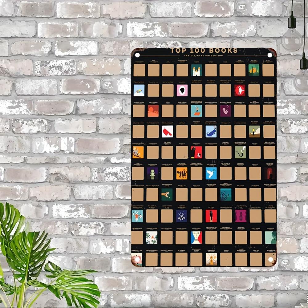 20.32cm X 30.48cm "Front 100 Books" Scratch-Off Poster - Vintage Iron Wall Art with Colorful Bookshelf Design & Literary Illustr
