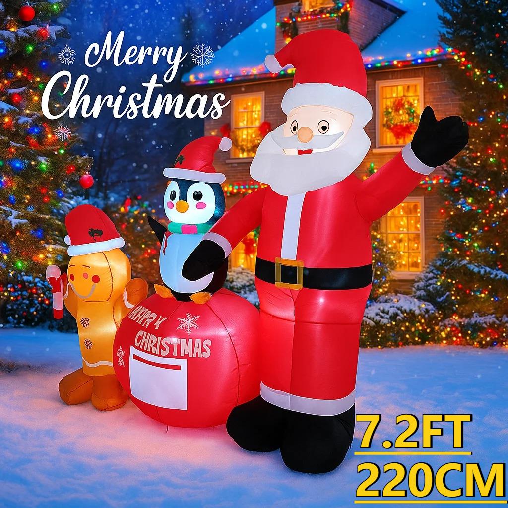 7.2FT LED Inflatable Xmas Yard Decor Santa Penguin Gingerbread Man Set Christma Home Decoration Ornament Toy Gifts Holiday Decor