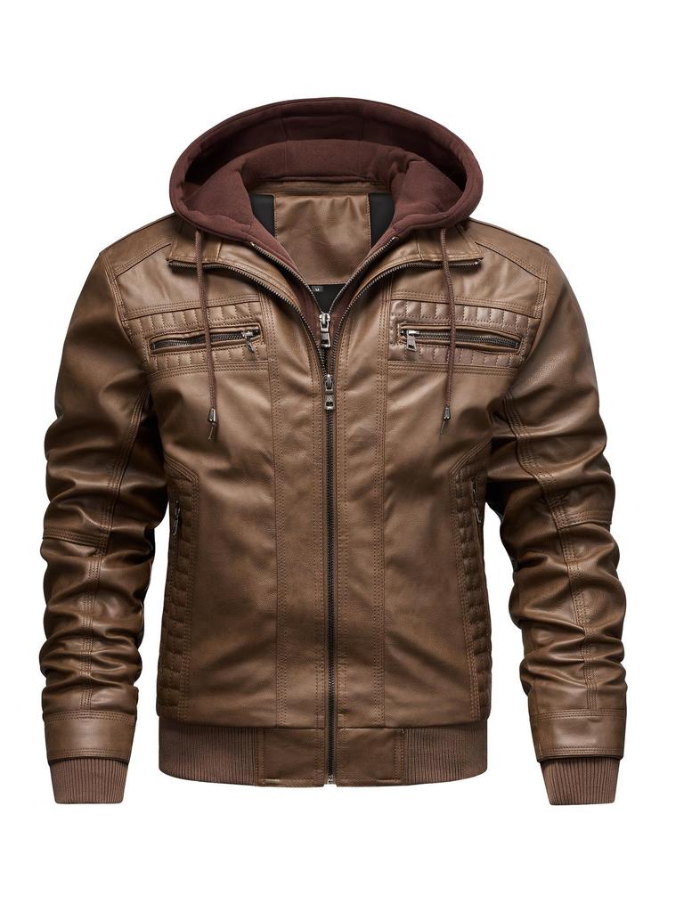 Men's Winter Plus Size PU Leather Jacket with Detachable Hood - Fleece-Lined Motorcycle Coat, European & American Style