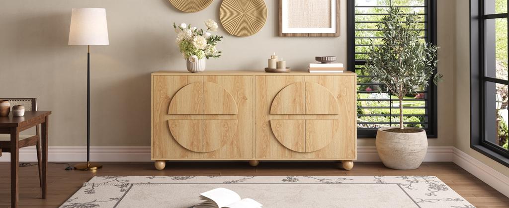 Credenza a Quattro Ante con Aspetto a Rilievo Circolare, Armadio contenitore con Ripiani Regolabili, Mobile da Corridoio Effetto Legno