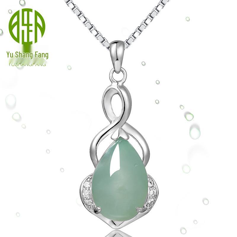 Yu Ding Sheng S925 Sterling Silver Teardrop Pendant with Natural Myanmar Jadeite for Women