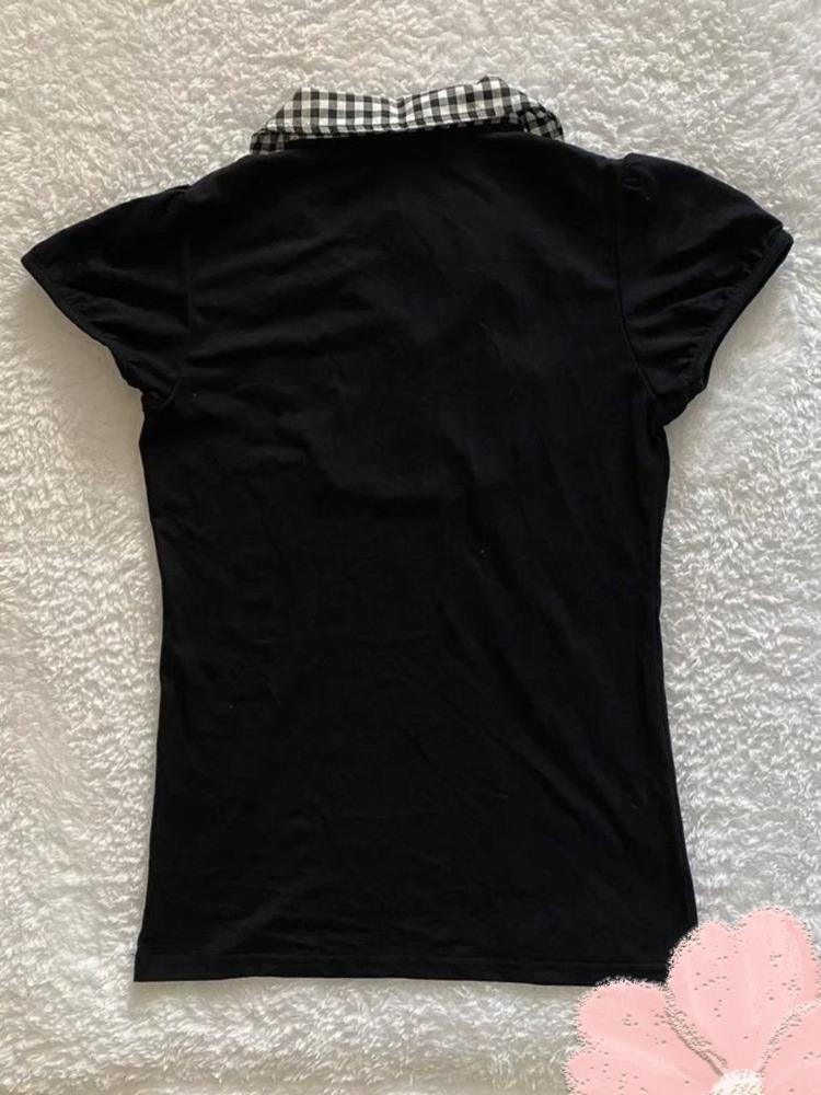 2025 Ropa Mujer Black Woman T Shirts Patchwork Plaid Short Sleeve Base Shirt Fashion Vintage Summer T-shirt Tops Female Clothing