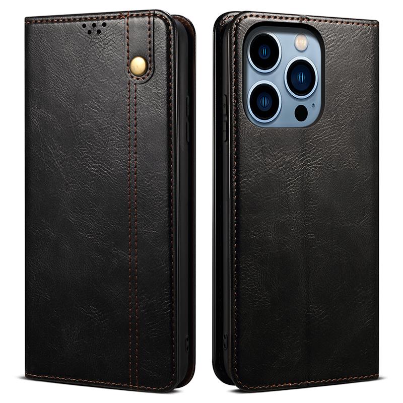 

For iPhone 15 Pro PU Leather Mobile Phone Case Waxy Crazy Horse Texture Phone Cover Stand Wallet Black