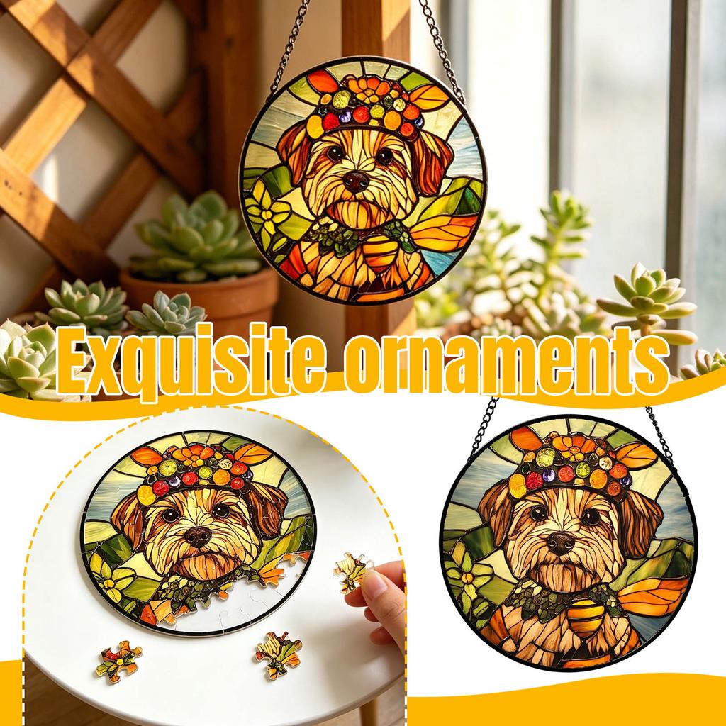 Round Stained Glass Window Hanging Suncatcher with Dog and Floral Pattern for Home Kitchen Garden Conservatory Decoration with Chain Easy to Hang