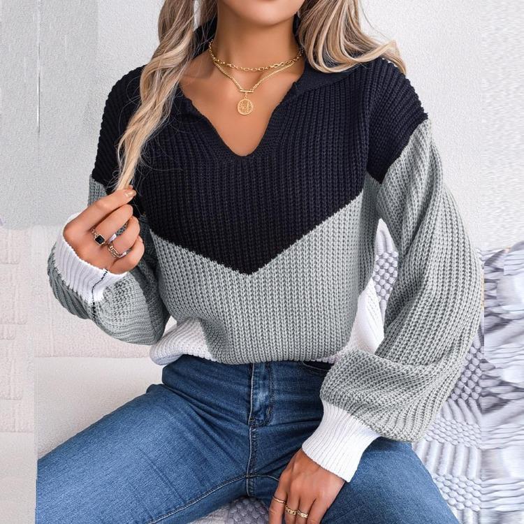 Casual Women Autumn Winter Knit Pullover Sweater Long Sleeve Polo Collar Contrast