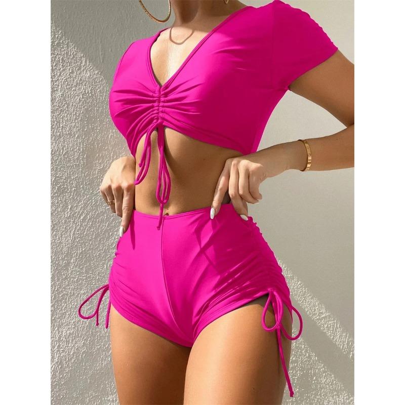 Sexy Drawstring Bikini Set Women Green Black Short Sleeve Two Piece Swimsuit Summer Bathing Suit Pleate High Waist Swimwear