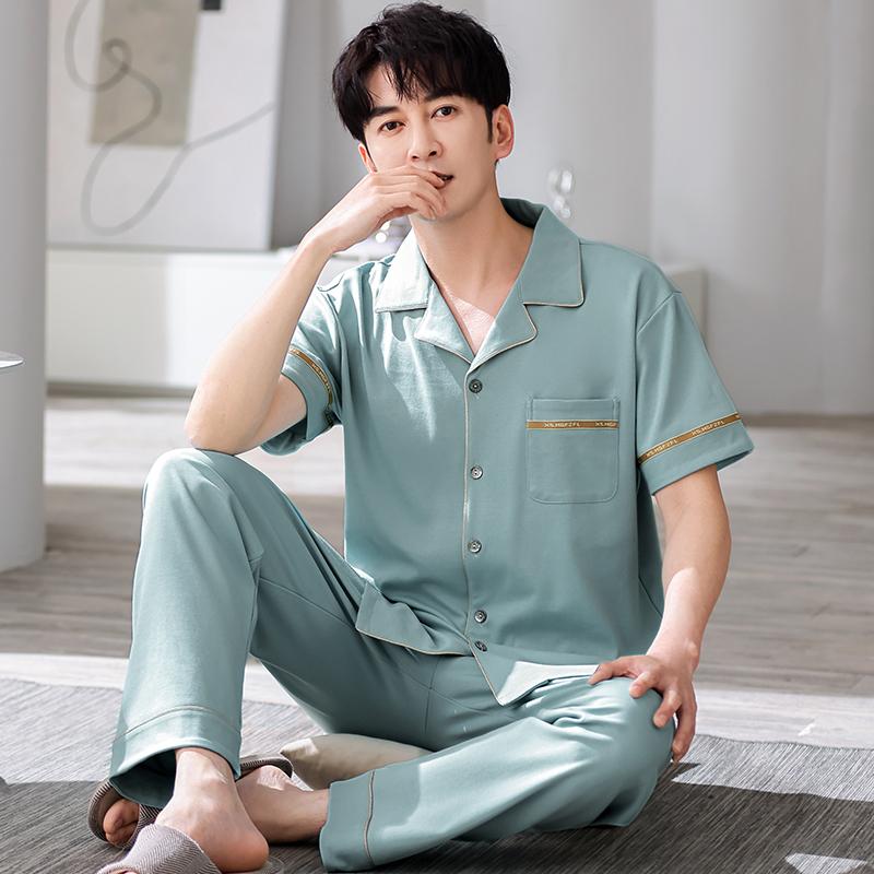 Summer Men's Short Sleeve Pajamas Set & Long Pants Male Loungewear Plus Size Cardigan Cotton Middle-aged Dad Pijamas Hombre