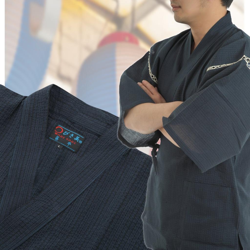 Jinbei Shijira Weave Cool Summer Cotton Discharge Original Pattern Japanese Pattern Wind God Raijin Wave Navy LL [Edo Ten] 100%