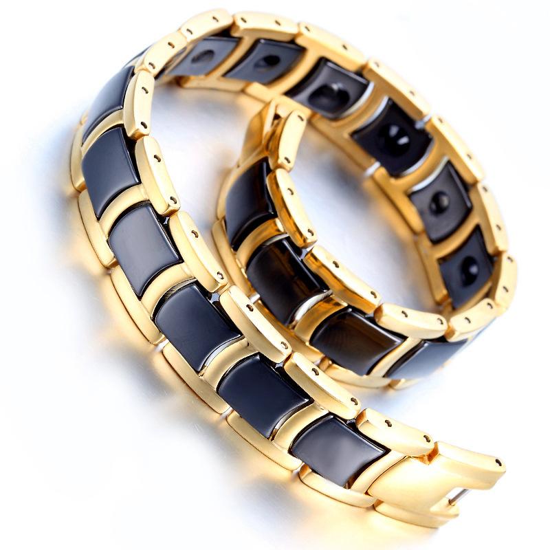 12mm Punk Rose Gold Color Stainless Steel Magnetic Health Chain Bracelet Men Women Hiphop Black White Ceramic Bangle Jewelry