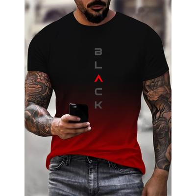 Black & Gradient Color Print Men's Crew Neck Short Sleeve Plus Size T-shirt, Breathable Versatile Tee For Summer Wear