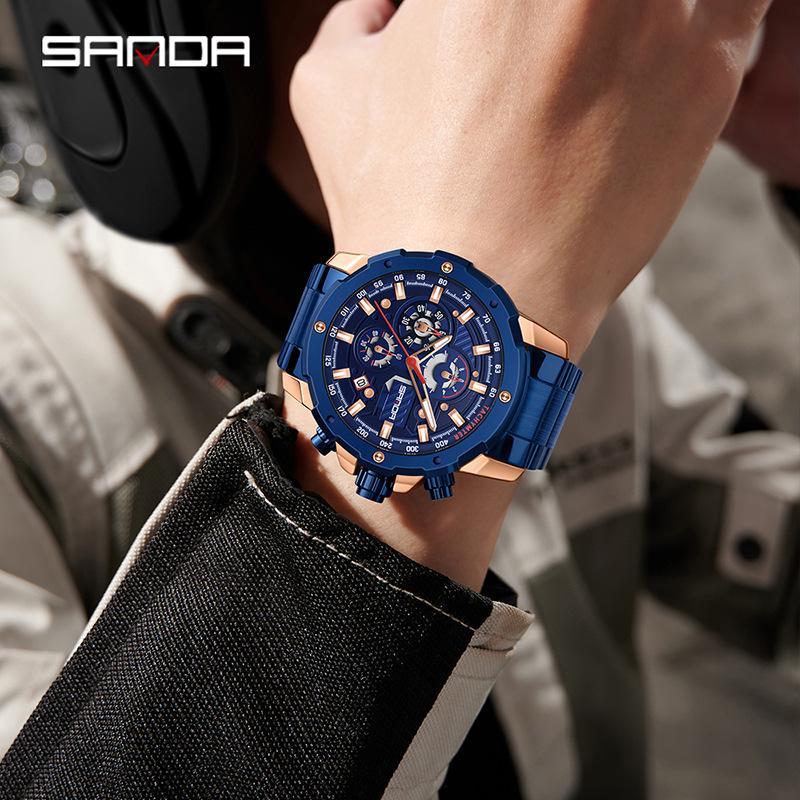 SANDA Men's Quartz Waterproof Watch with Calendar, Simple Design, Three Dials, Six Hands, and Steel Strap.