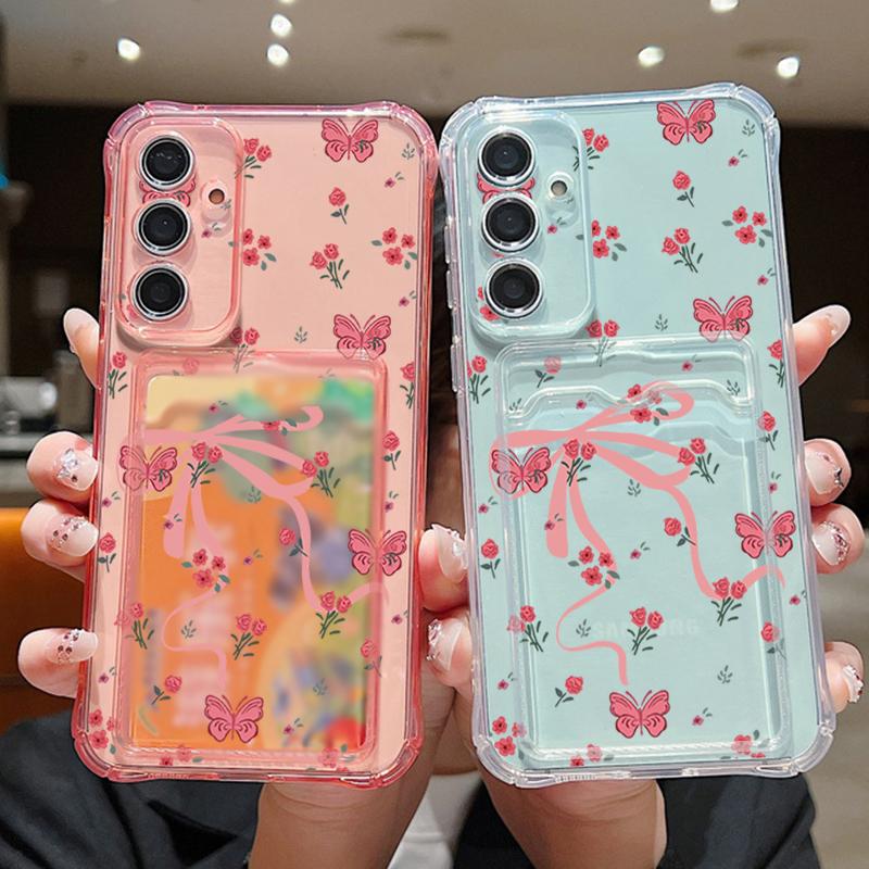 Card Bag Wallet Case For Samsung Galaxy S25 S24 S22 Ultra S23 S24 FE A56 A55 A35 A15 A16 Full Screen Pink Flower TPU Phone Cover