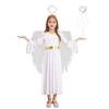 4 Piezas Disfraz de Ángel para Niñas Ropa de Cosplay Vestido Blanco de Manga Larga con Alas de Plumas Set de Diadema para Actuación de Halloween