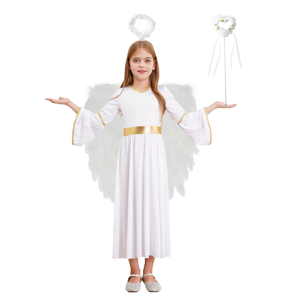 4 Piezas Disfraz de Ángel para Niñas Ropa de Cosplay Vestido Blanco de Manga Larga con Alas de Plumas Set de Diadema para Actuación de Halloween