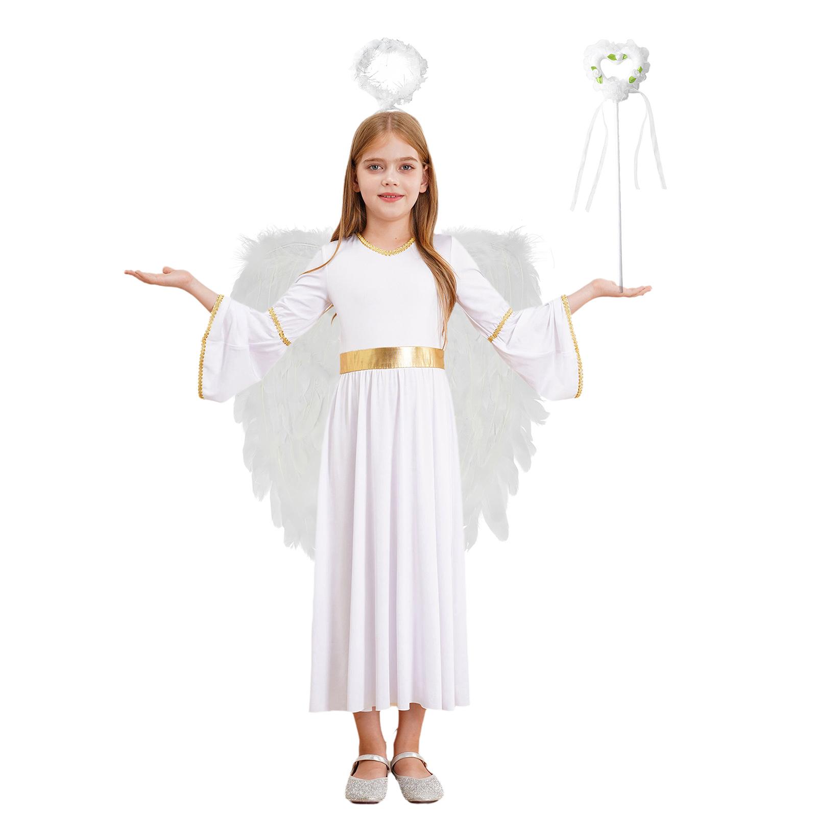 4 Stuks Meisjes Engel Kostuum Cosplay Outfits Wit Lange Mouwen Jurk met Veer Vleugels Haarband Set voor Halloween Optreden 6