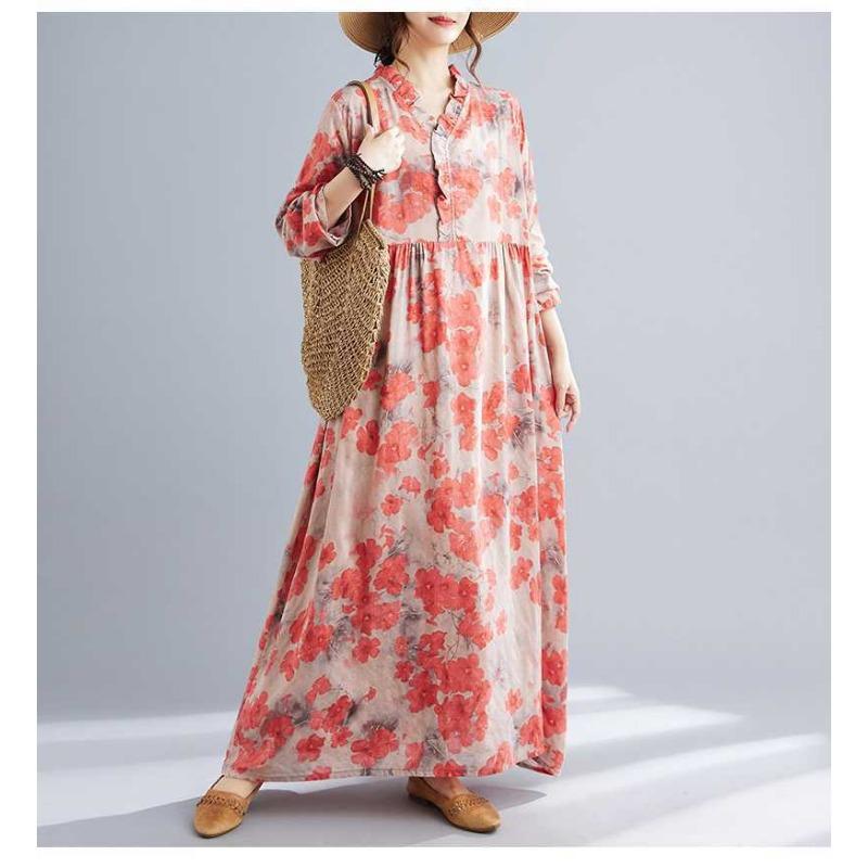 New Retro Printed Loose Belly Shading Mulle Lace Long Sleeve Dresses