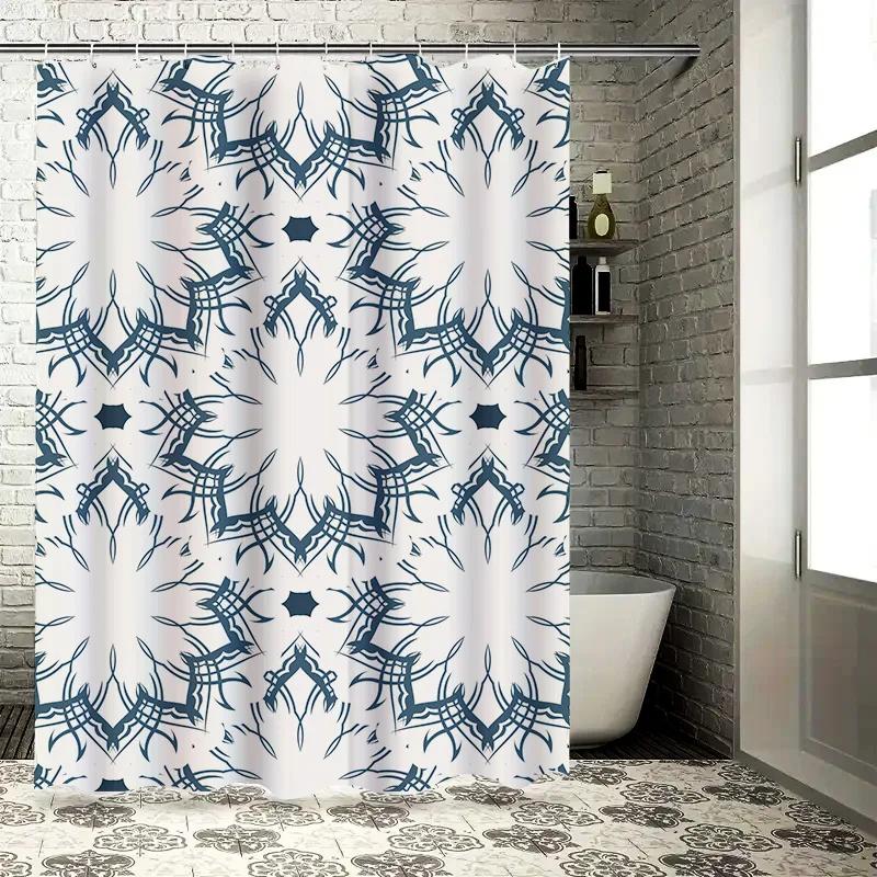 Unique Blue White Shower Curtain with Geometric Patterns Bathroom Decoration Water Repellent Fabric for Home Use (White)