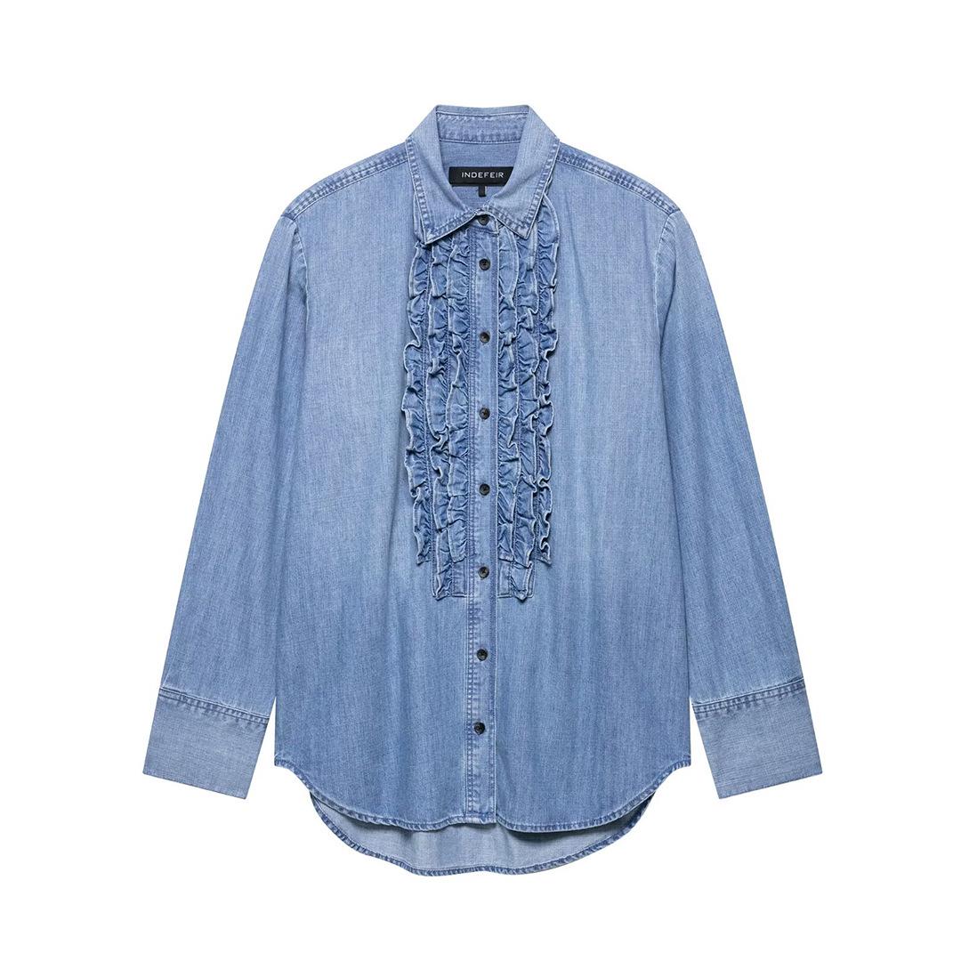 

2025 Лето Европейский и Американский Стиль Женская Универсальная Джинсовая Рубашка L