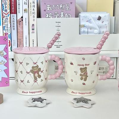 High-value Cute Bear Goblet Ceramic Mug with Lid Spoon Girls Coffee Cup Birthday Gift