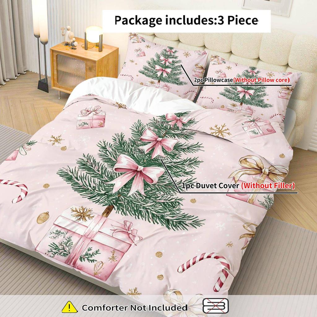 [Christmas Duvet Cover Set] 3pcs Christmas Tree & Candy Cane Duvet Cover Set - Pink Bow, Golden Snowflake Design, Polyester