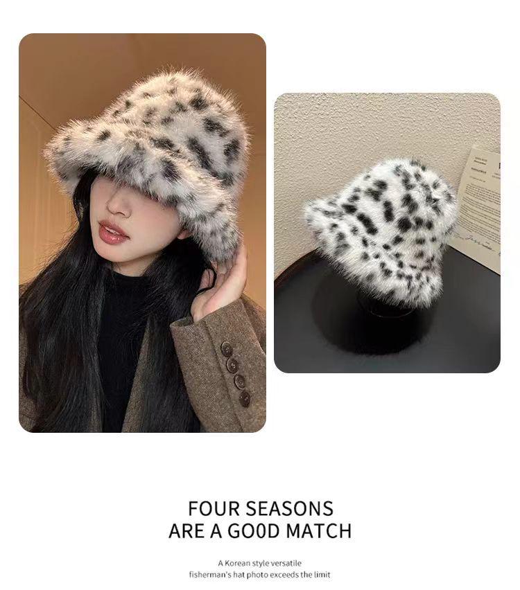 Faux Fur Leopard Print Fisherman Hat - Retro Autumn Winter Plush, Thickened for Warmth, Cold-Proof with Ear Protection.