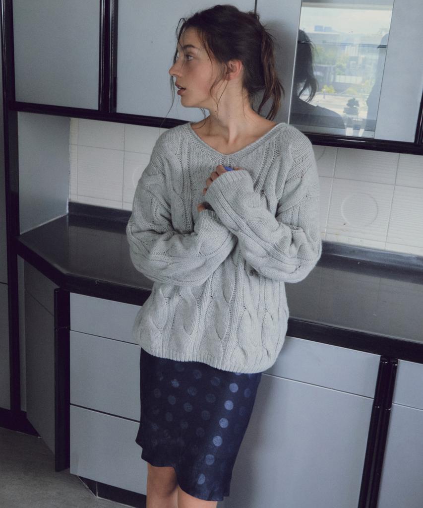 CITTA Wool Blend Cable V-Neck Knit_Ctk281(Melange Gray)