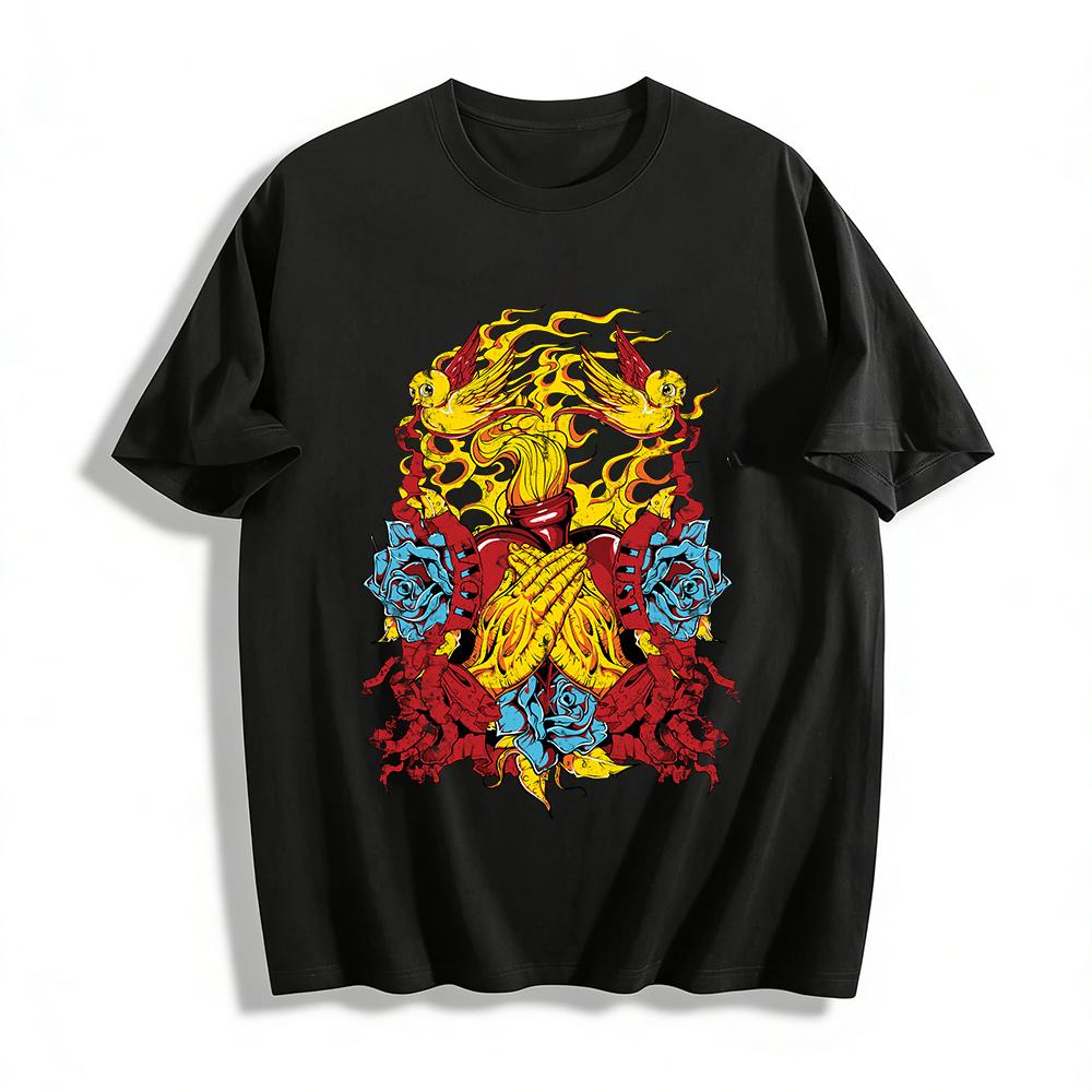 

Flame Praying Heart Blue Rose Bird Print Trendy Casual Tee Pure cotton T-shirt XXS