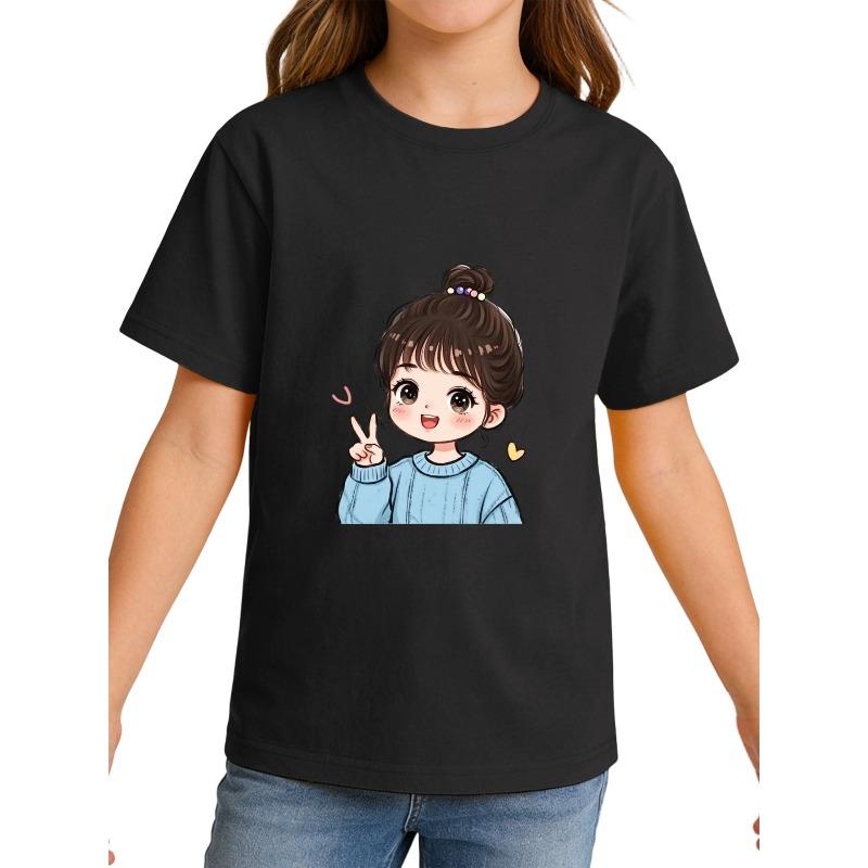 European sizes Cute Girls' Printed Short-Sleeve T-Shirt, Spring/Summer Lightweight Loose-Fit Versatile Half-Sleeve Top for Little Girls