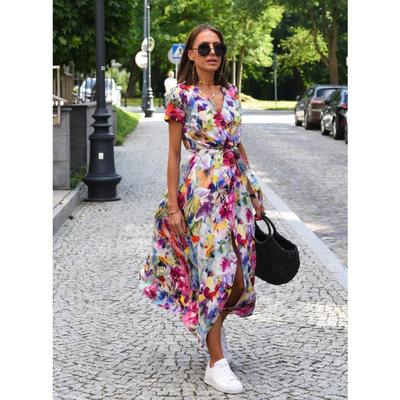 Women's Fashion Summer Spring Flower Pattern Print Short Sleeve V-Neck High Waist Casual Dresses
