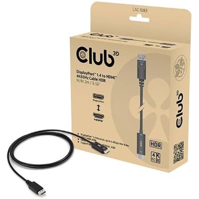 Câble vidéo - CLUB 3D - DisplayPort 1.4 vers HDMI - 4K 60Hz - Actif - 2 mètres