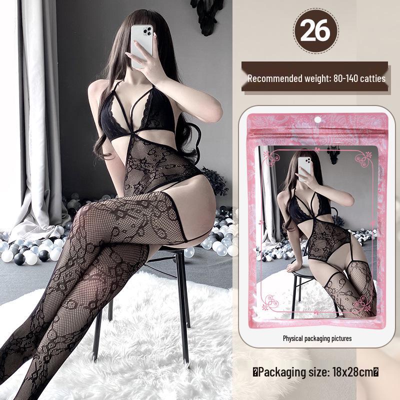 Linlinting Plus Size Sexy See-through Cutout Bodysuit with Open Crotch Stockings Set
