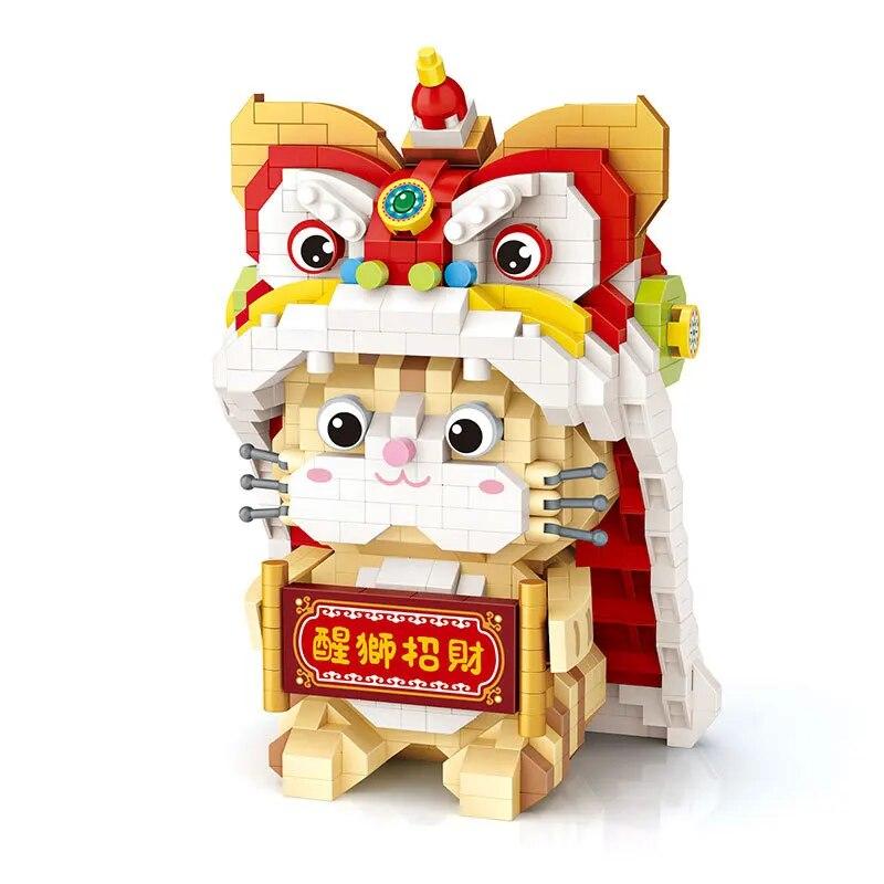 Mini Animal Cat Building Blocks DIY Lucky Cat Lion Dance Doll Model Assembly Toy Suitable for Home Decoration and Holiday Gifts No Box