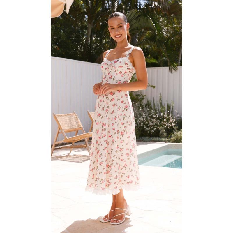 

YYFS Женская мода Лето Весна Цветочный узор Принт Без рукавов Подтяжки Высокая талия Повседневные платья XL абрикосовый