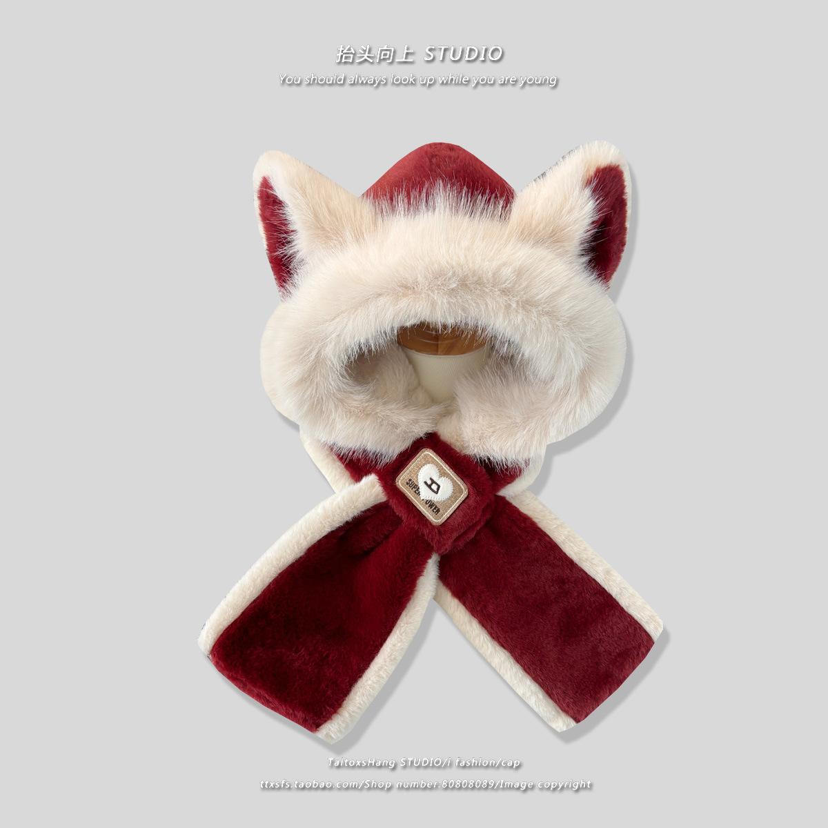 

Плюшевая шапка для женщин на зиму с лисьими ушками, милый шарф, интегрированная шапка, плюс бархат, теплая, ветрозащитная, для езды на открытом воздухе average size