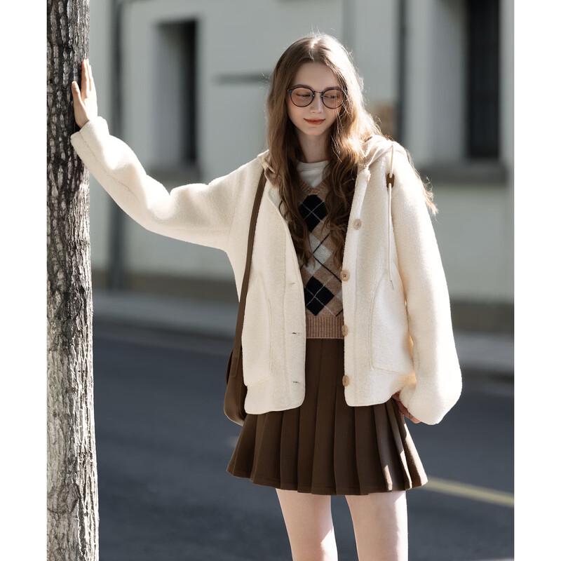 TonLion Women's Faux Lamb Wool Two-Piece Look Hooded Jacket