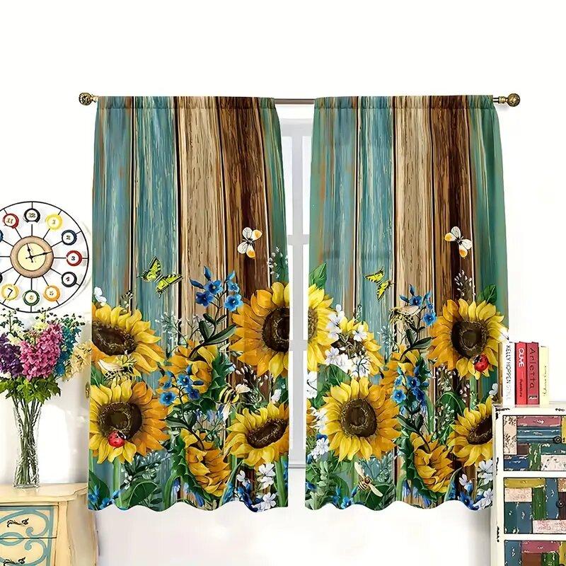 Set Of 2 Sunflower Butterfly Wood Board Pattern Printed Curtains Window Decorations Home Room Curtain Polyester