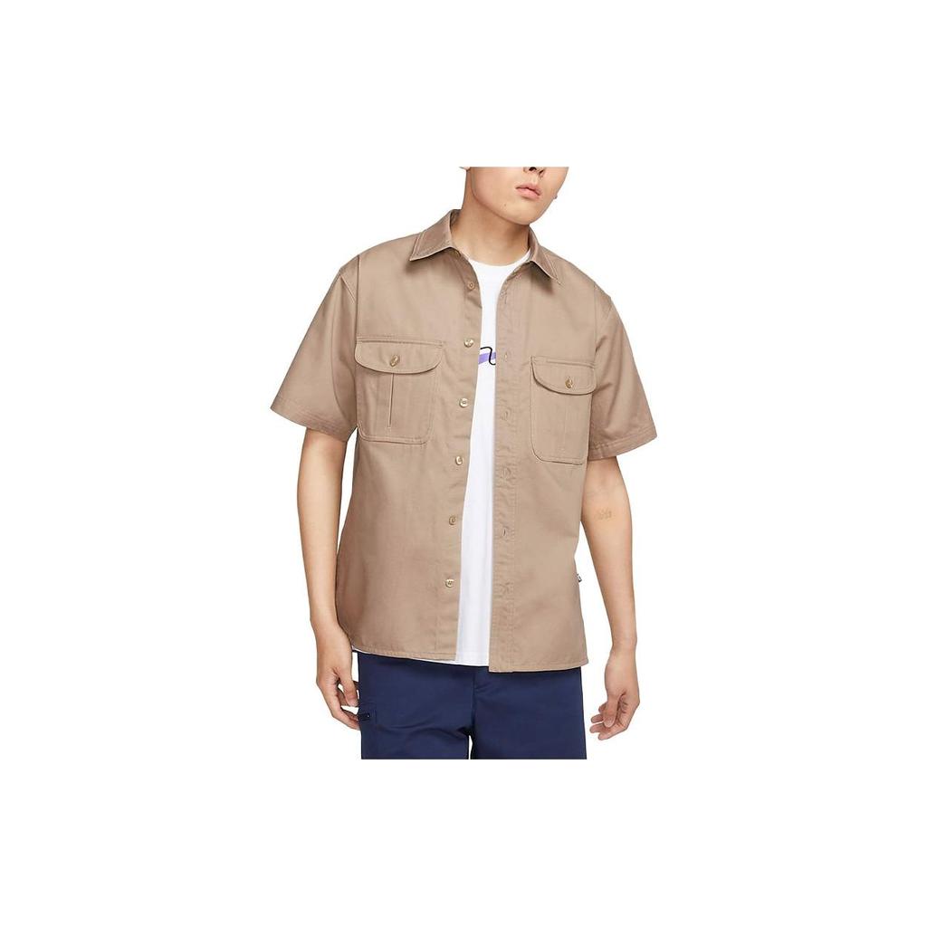 Nike Sb Tanglin Solid Woven Skateboarding Short Sleeve Shirt Unisex Tops Khaki FQ0400-247