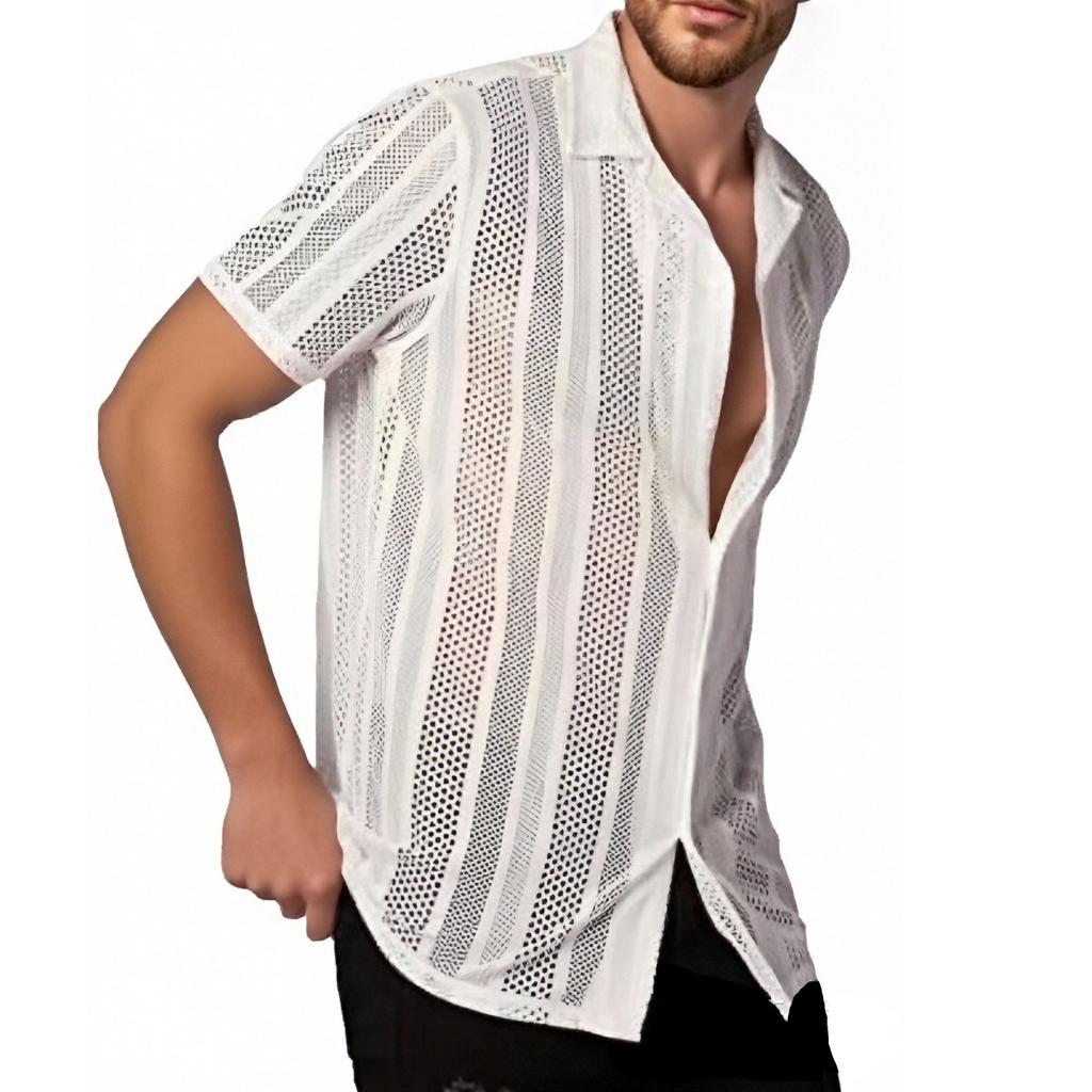 Men's Lace Short-sleeved Shirt With See-through Buttons, Holiday Casual Hollowed-out Top