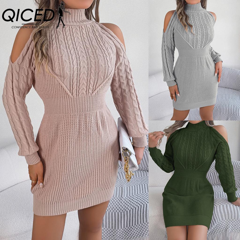 QICED Autumn and Winter Casual Off-the-shoulder, Semi-high Neck, Twisted Lantern Sleeve, Hip-hugging Fur Dress for Women