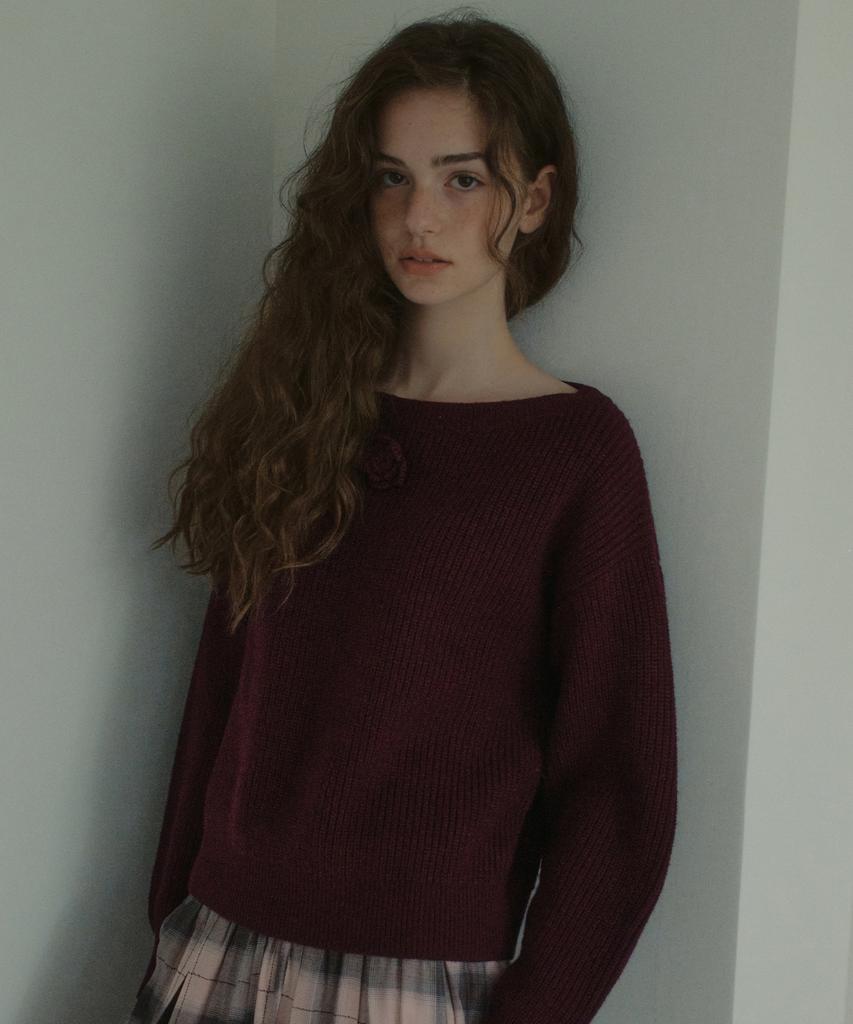 OURNOSTALGIA Rosette Off-Shoulder Knit_Burgundy(Ocb6Kn03)