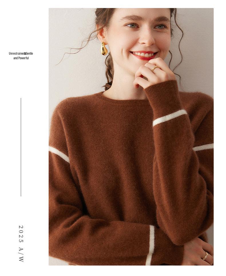 Color-Block Cashmere Round Neck Long Sleeve Sweater: Elegant, Slimming, Loose, Warm, Comfortable Autumn/Winter Pullover.