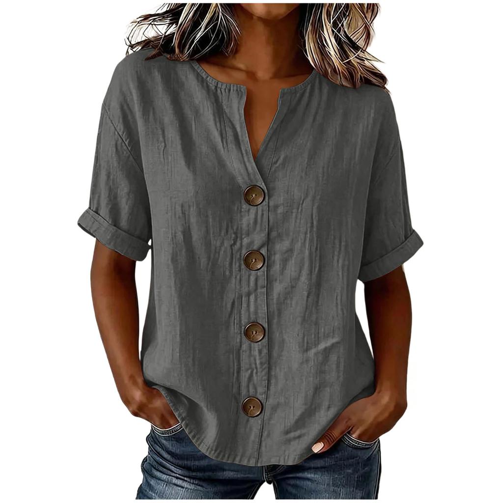 Women'S Elegant V Neck Short Sleeve Button Down Cotton Linen Blouse, Solid Color Summer Office Casual Top