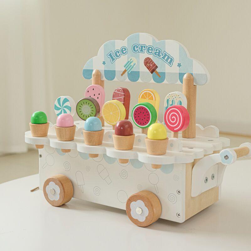 Wooden Ice Cream Cart Playset For Kids Educational Toy Pretend Role Play