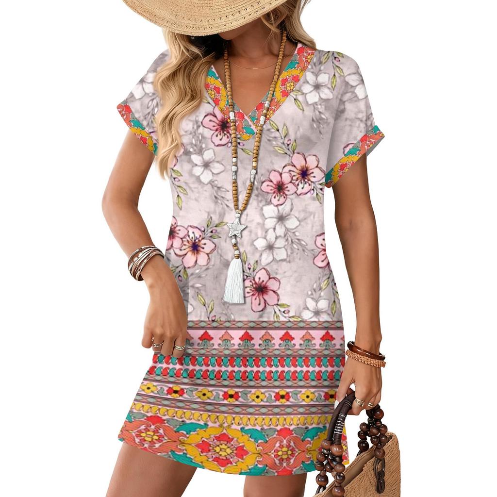 Women's Fashionable Floral Print V-neck Short Sleeved Pocket Casual Pullover Dress