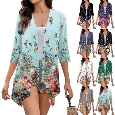 Damen-Cardigan mit unregelmäßigem Dreiviertelärmeln und Druck und Taschenjacke